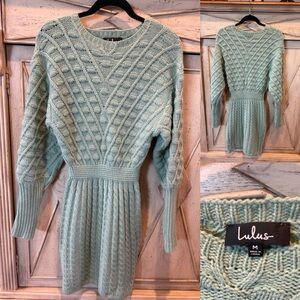 Lulu's Mint Green Long Sleeve Cable Knit Mini Dress Medium